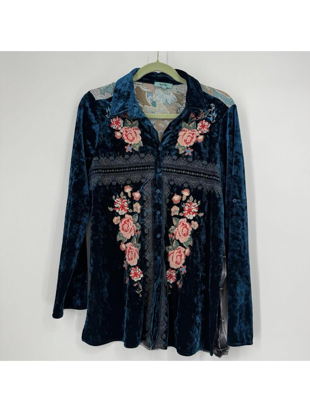 April Sky top womens medium M floral embroidered boho tunic velvet ren faire